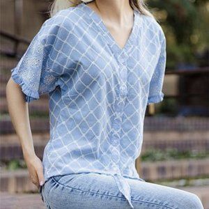 DYT T2 blue eyelet top button front tie S M L New